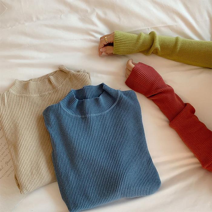 Sweater Wanita Lengan Panjang Leher Sedang Pas Badan Model Slim-fitting Atasan Setengah Turtleneck P