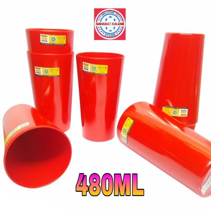 (6 GELAS) GELAS MELAMIN RATA BESAR GOLDEN DRAGON B0402 MERAH 480ML