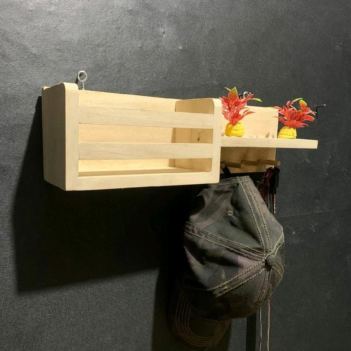 Rak dinding tempat gantungan kunci baju tas rak buku kosmetik rak tempel serbaguna key holder Kayu J