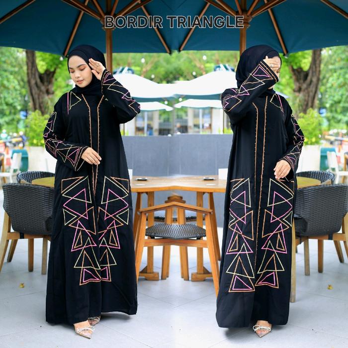 Sabella Abaya gamis hitam bordir Triangle Jetblack Saudi Umroh Haji Muslim Mewah Wanita Dress Syari