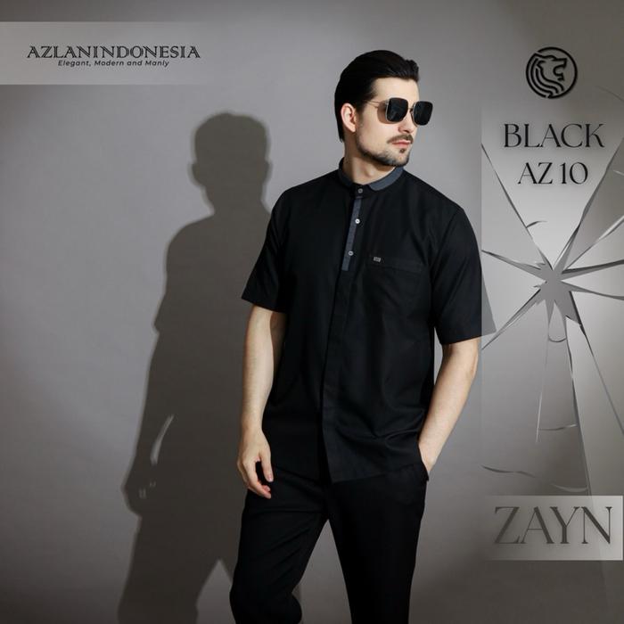 AZLAN Indonesia - Kemeja Koko Pria Zayn Hitam Baju Muslim Pria Warna Hitam Lengan Pendek AZ10 ORI
