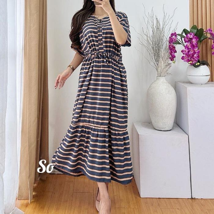 Nagita Dress- Daster Rayon Tali serut Motif Garis    Busui Kancing