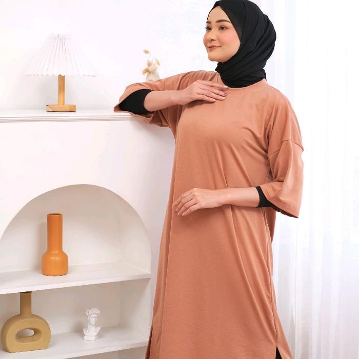 Midi Dress Basic Busui Friendly Oversize Kaos Jumbo Long Tunik Tshirt Dress Polos