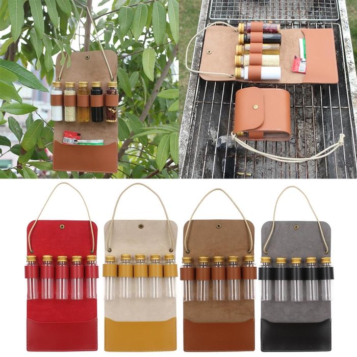 Seasoning Storage Bag with 5 Spice Jars Portable Leather Spice Bag