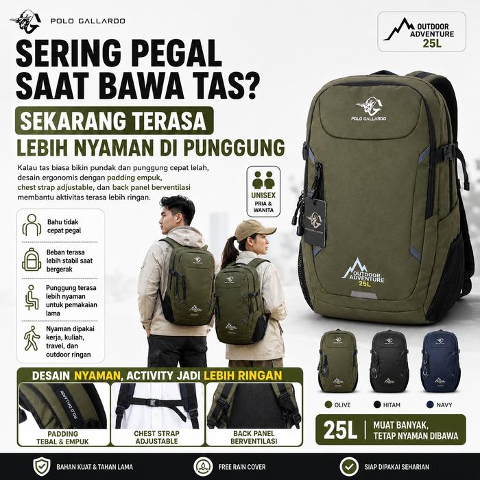 POLO GALLARDO Adventra BC02 Tas Ransel Serbaguna Unisex Bahan Cordura 30x16x48cm 3 Kompartemen Luas