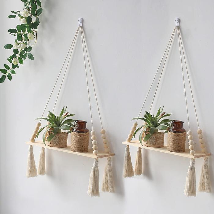 Rak Gantung Dinding Macrame Rumbai Dekorasi Kayu Rak Papan Gantung