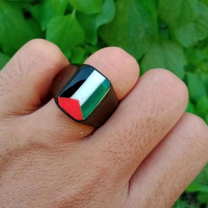 Cincin batu akik ukiran bendera palestina natural