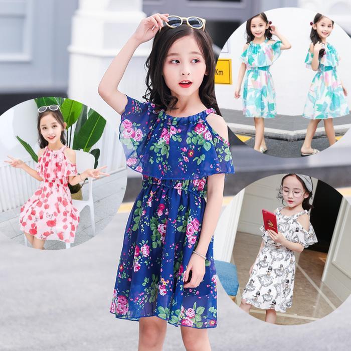 Promo DRESS SIFON ANAK MOTIF BUNGA GAUN SANTAI SABRINA ANAK FASHION COD