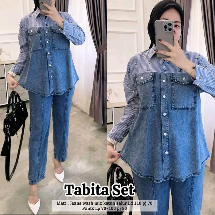 tabita set celana jeans kombi katun Cantik Simple Wanita Jepang Maxi High Gamis Muslim Dress wanita 