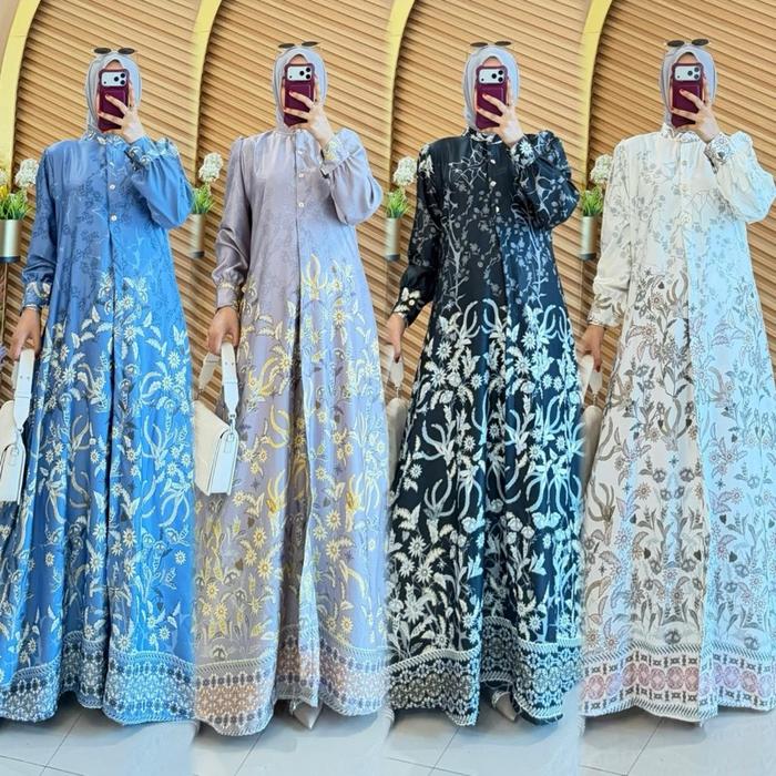 Kayla dress Muslimah Elegan dengan Motif Bunga dan Renda Pilihan Warna Biru Ungu Hitam dan Putih max