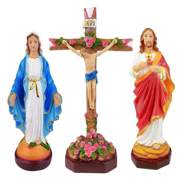 Set Patung Doa Lingkungan Maria Yesus 20 cm Salib Mawar Duduk