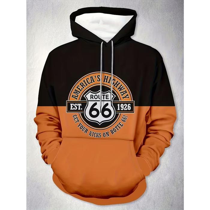 Hoodie Tipis Pria Wanita Hitam Oranye Motif Route 66 American Highway, Lengan Panjang, Kupluk Bertal