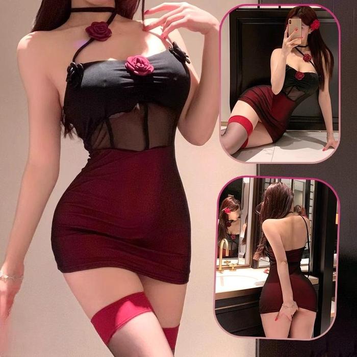 Dress Sexy Party Wanita Gaun Bodycon Ketat Hitam Mawar Halter Neck Backless Baju Dugem Gaya Korea Pr