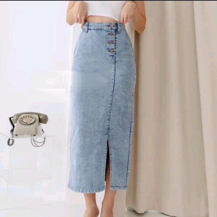 Emily Rok Jeans 7/8 , Ziffana Rok Jeans Kancing Samping Wanita Denim jeans 7 8