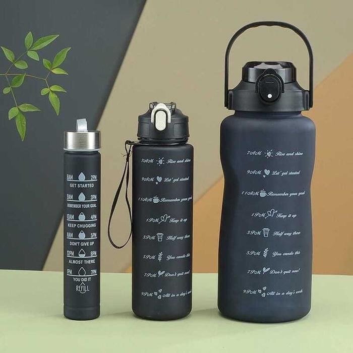 BOTOL Minum BERANAK 3in1 HITAM Viral Black Reminder Set isi 3 Ukuran - 2L 1L Pegangan Stiker Drink B