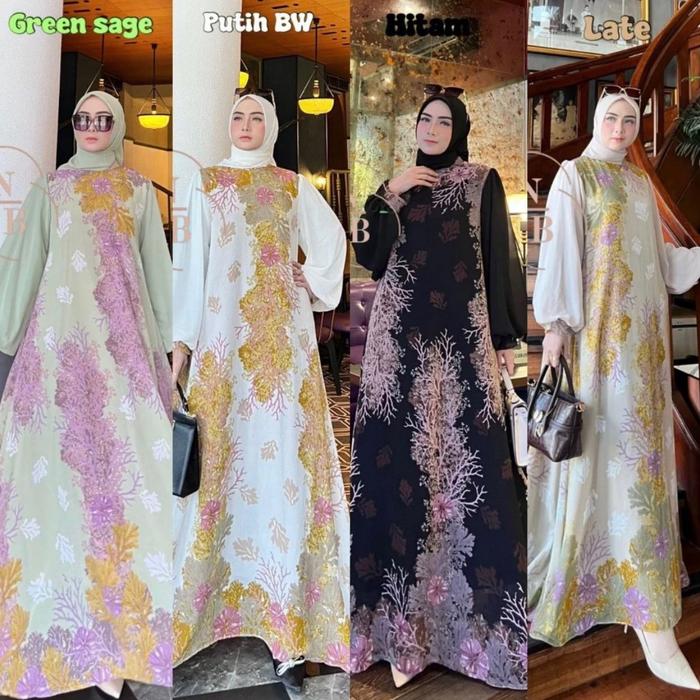 Gamis set hijab kerudung segiempat motif akar ready hitam, sage dan cream