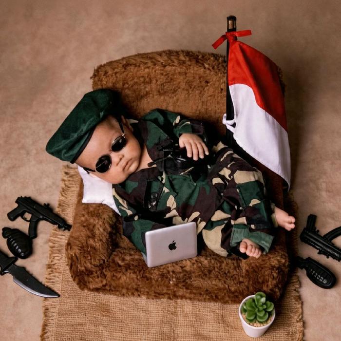 Kostum TNI Bayi Newborn Premium | Baju Tentara Lucu untuk Foto Studio Bayi | Baby Props Estetik Unik