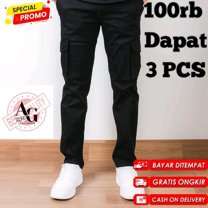 [PAKET HEMAT 100 RIBUAN DAPAT 3 PCS BISA COD] Celana Cargo Kargo Panjang Pria Cowok Dewasa Katun Twi