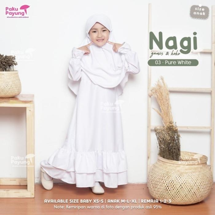 Baju Gamis Putih Anak Perempuan 9 Tahun - 12 Tahun Nagi Series Paku Payung