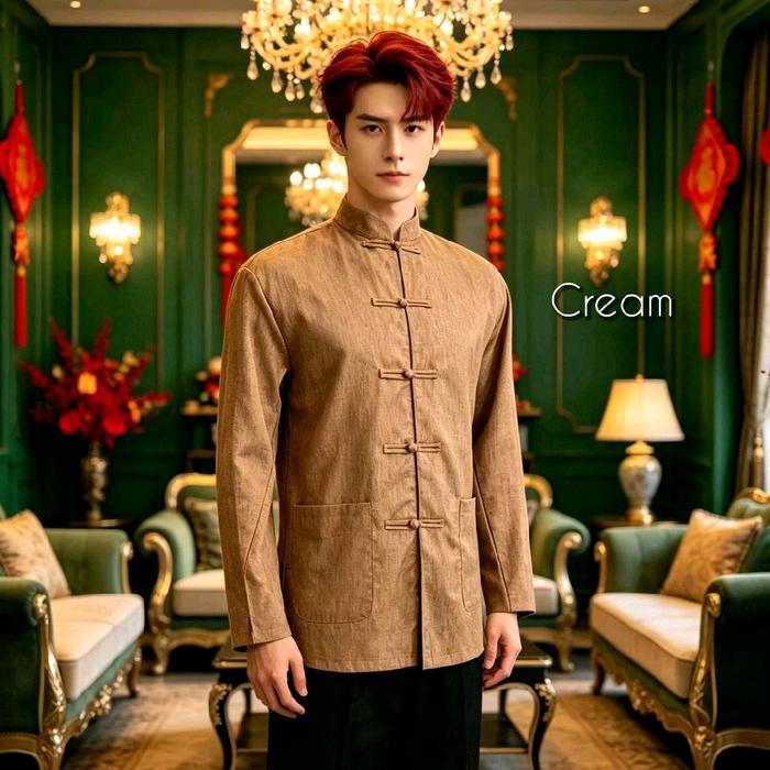 Baju Tradisional Cina Kemeja Cheongsam Pria Atasan Imlek Cream