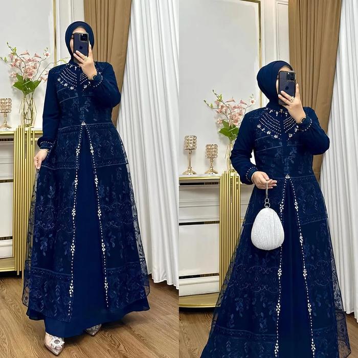 Gamis Navy Elegan Mewah / Aqila Dress / Gamis Kondangan Mewah / Gamis Lebaran 2026 Model Baru /' Gam