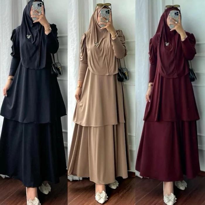 3IN1 NAFISA SET ROK FREE HIJAB JERSEY JUMBO FIT TO XL // ONE SET ROK POLOS // SETELAN ROK // ONE SET