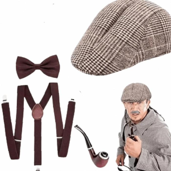 KIAMA - Set Suspender Topi Dasi Kupu Coklat Vintage Detektif Enola Holmes Outfit Yearbook | Kekinian