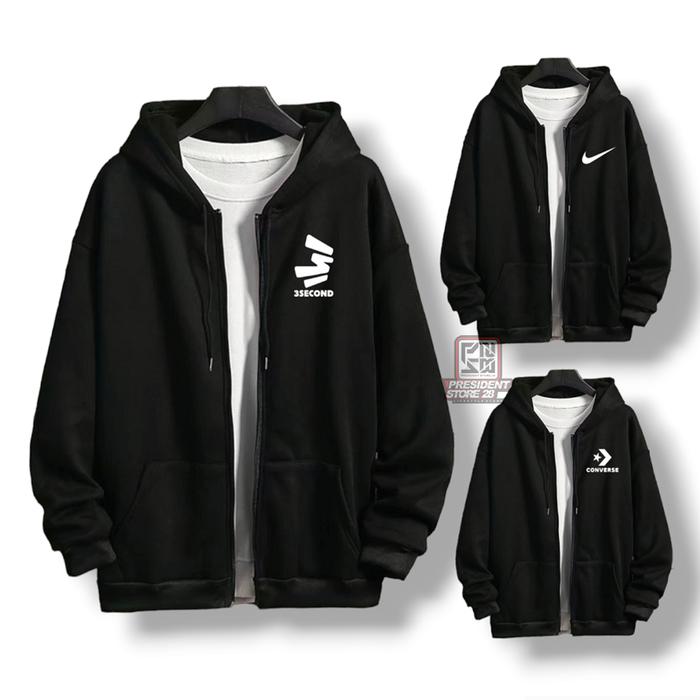 Sweater Hoodie 3second Hitam Resleting Zipper Pria Wanita Bahan Fleece Tebal Size M L XL XXL