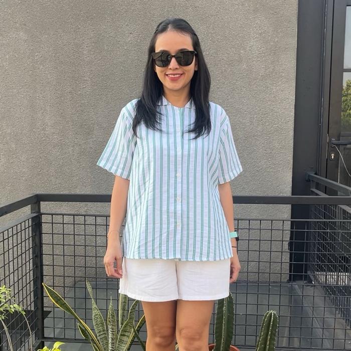NANCY kemeja garis garis lengan pendek wanita Atasan Katun Baju Cewek Casual