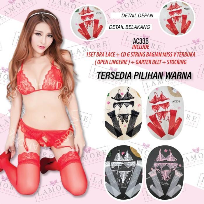 Lingerie BRA Set BH CD + Sabuk Paha + Stocking L Merah AC33B
