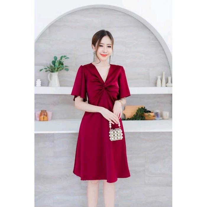 Yolin Dress Scuba Wanita Casual Kekinian Natal Imlek Tahun Baru Hijau Tua Model V-Neck