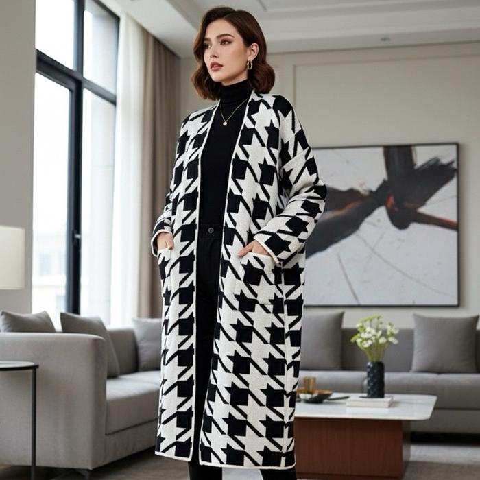 YSL Long Outer Hoodie Hounds Tooth Yves Saint Laurent Knitwear Rajut Cardigan Motif