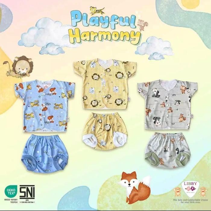 ((PROMO))3 pcs  setelan libby PD NB (new born) LENGAN PENDEK CELANA KACA MATA kancing tengah 0-3 bul
