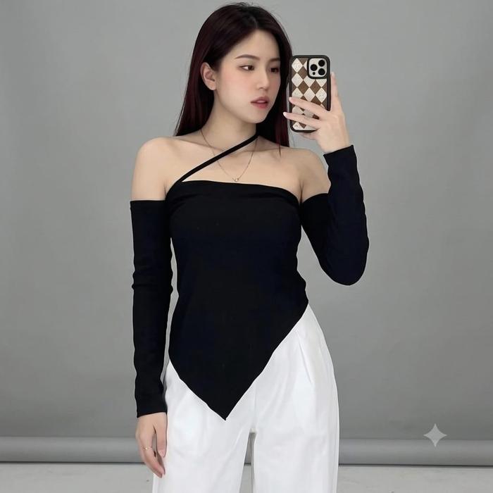 Off shoulder assymetric top blouse korean fashion / Atasan sabrina tali silang Baju Fit