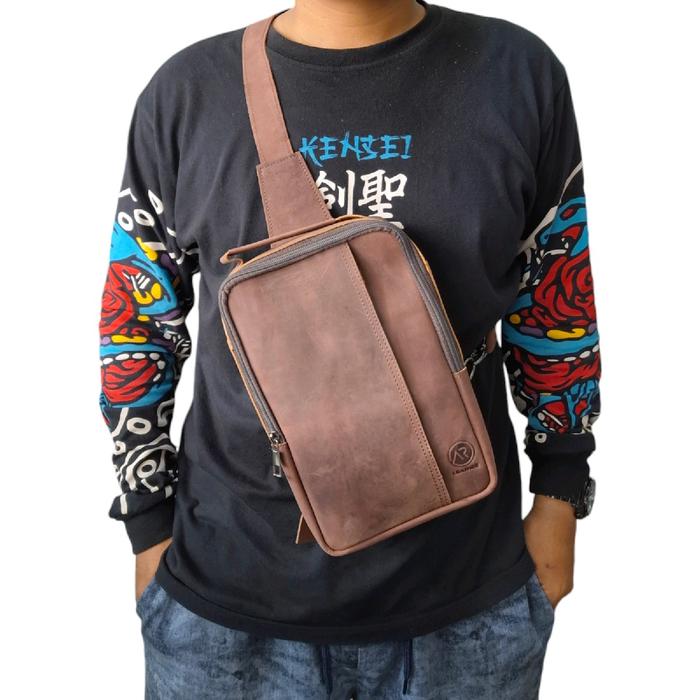 Tas selempang dada ernanado full kulit sapi asli crazy horse Original Cokelat Pria Pinggang