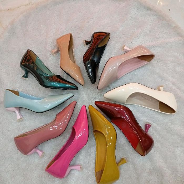 SEPATU IMP PANSUS KERJA KANTOR WANITA IMPROT GLOSY KRISTAL HEELS 3CM TAPAK KARET ANTI LICIN