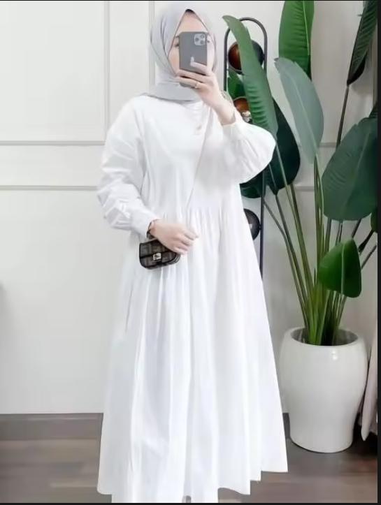Midi Dress Putih Bahan Crinkle Airflow Gamis Crinkle Premiun Wanita Remaja Dewasa Kekinian