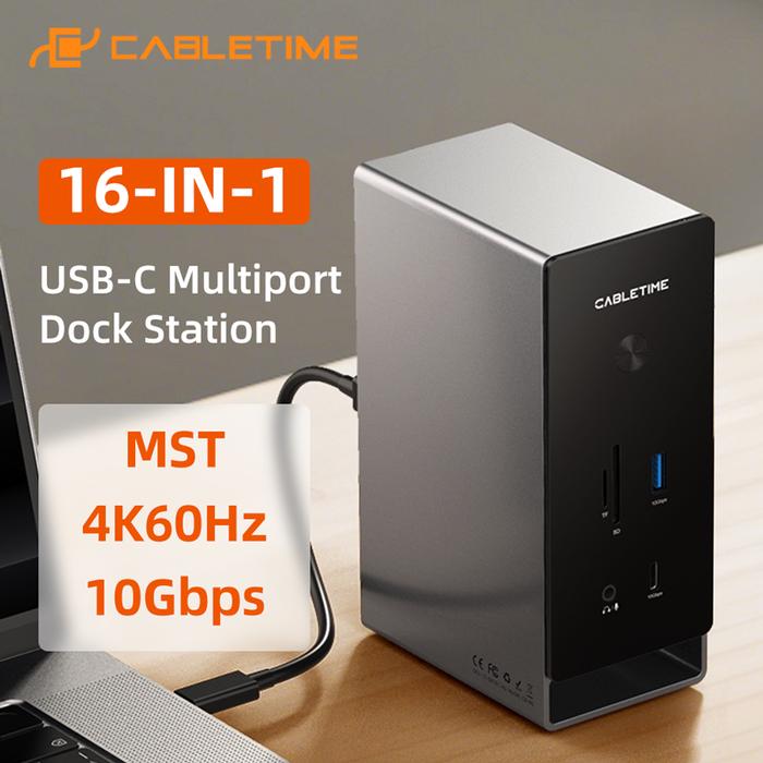 CABLETIME 16 IN 1 USB C Dock Station 4K60Hz HDMI MST Microchip PD100W 10Gbps Type C 1000Mbps Lan Por
