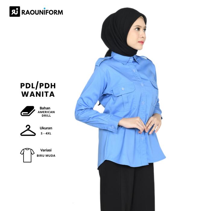 RAOUNIFORM Baju Seragam PNS Biru Muda Wanita Kemeja PDL Guru Lengan Panjang American Drill S-4XL