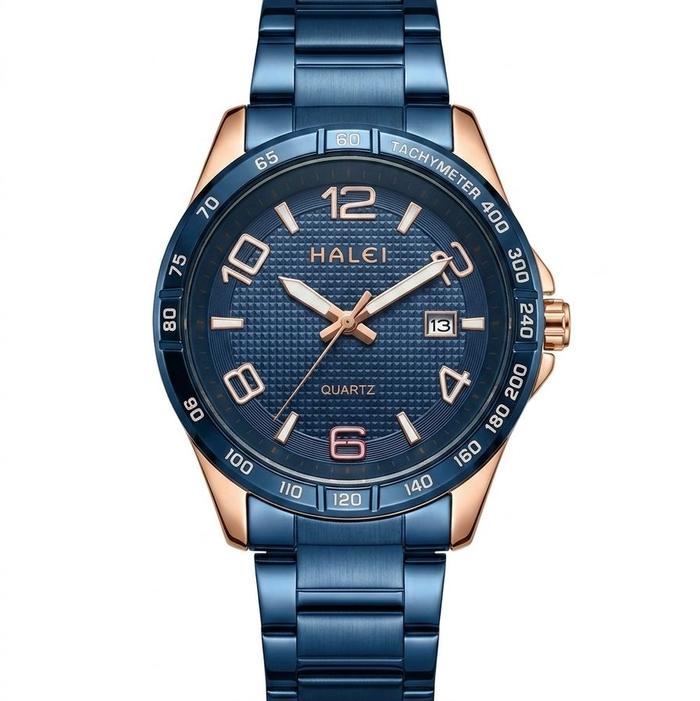 Jam tangan pria Halei 8029M Navy blue pinggiran Gold