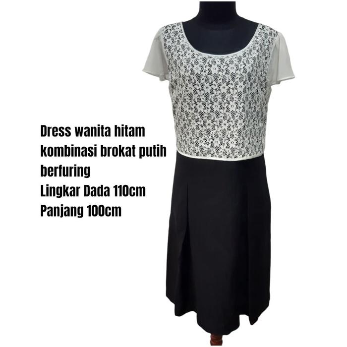 Dress wanita hitam kombinasi brokat putih berfuring