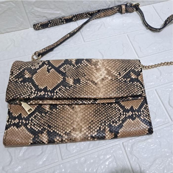 Tas Selempang Wanita Kulit Ular Pyton Asli CLUTCH LIPAT GREY MOTIF Sling Bag Wanita Bahan Asli Desai