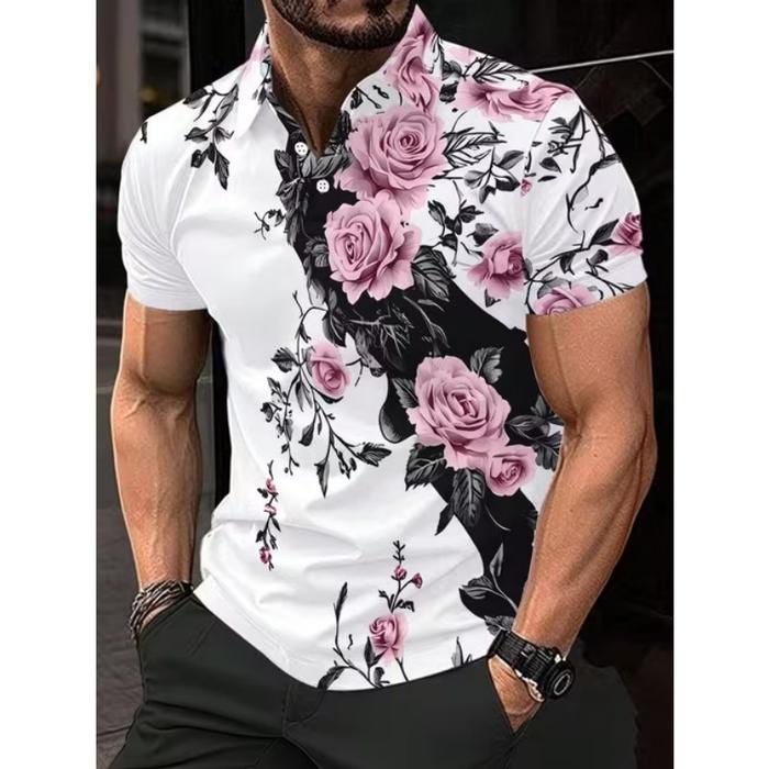 Kaos Polo Pria Warna Putih Motif Bunga Mawar Potongan Slim Fit Lengan Pendek