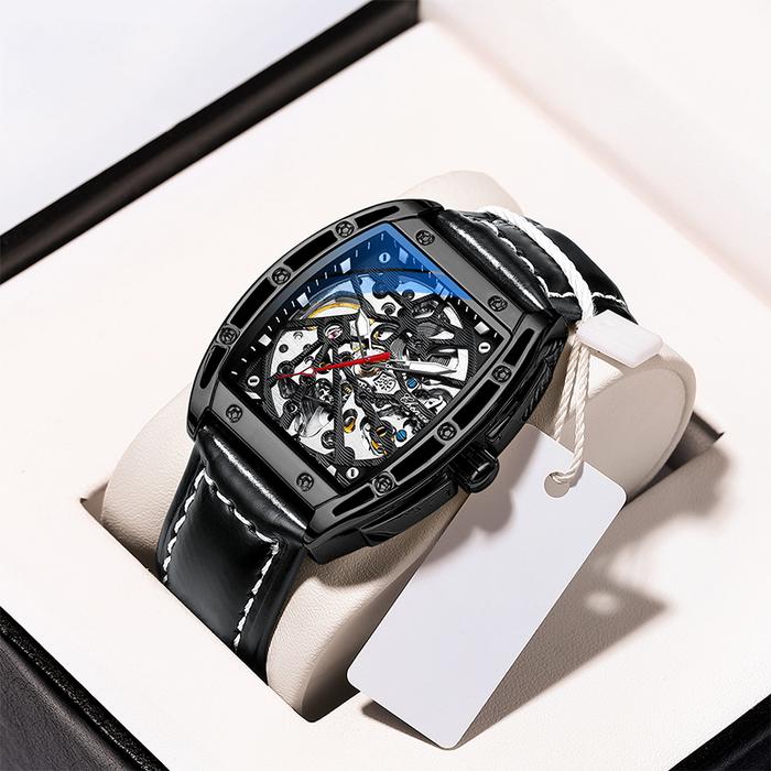 Jam Tangan Pria Mekanik Otomatis Skeleton Model Tonneau Tali Kulit Anti Air Luminous Desain Keren Tr