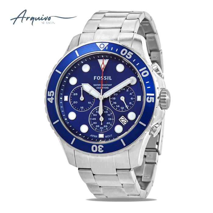 Jam Tangan Pria Fossil FB-03 Chronograph Men Blue Dial Silver Stainless Steel Strap Mewah Sporty Ori