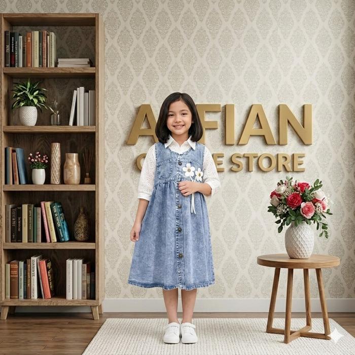 Dress Denim Mix Brukat Lengan Panjang Korean Style Kombinasi Brukat Mewah Hiasan Renda Bunga 3D / Mi