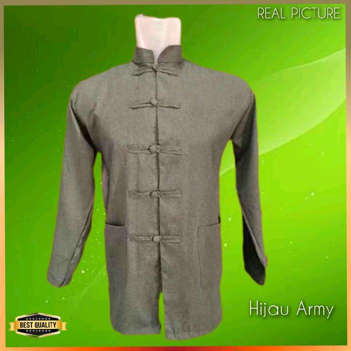 Baju Atasan Tradisional Cina Cheongsam Pria Kemeja Imlek Modern Hijau Army