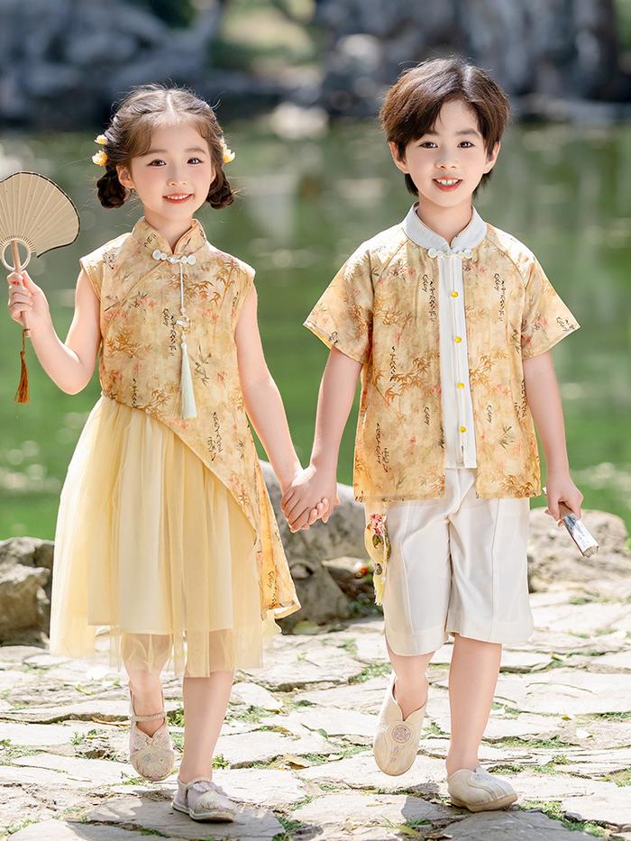 Cheongsam Set Couple Hanfu Gold Anak Imlek CNY / Setelan Qibao Cheongsam Anak Perempuan Gold