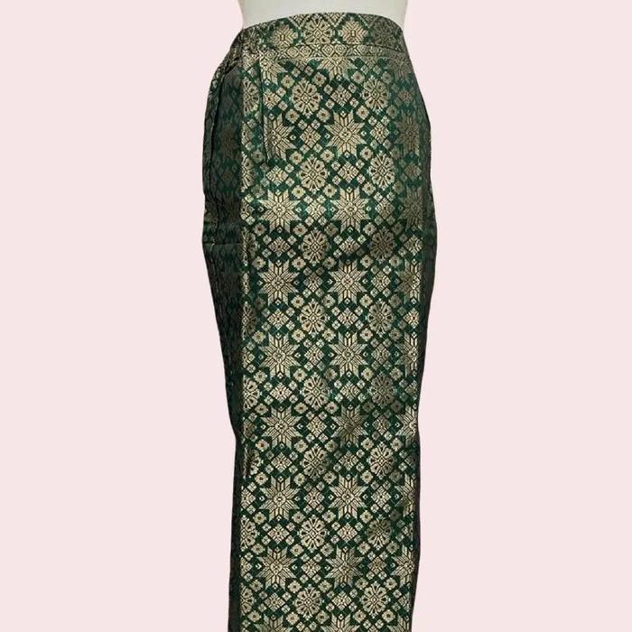 Batik Wanita Rok Bahan Kain Songket Bordir Model Span Warna Hijau Gold Panjang - Motif Karet Nyaman 