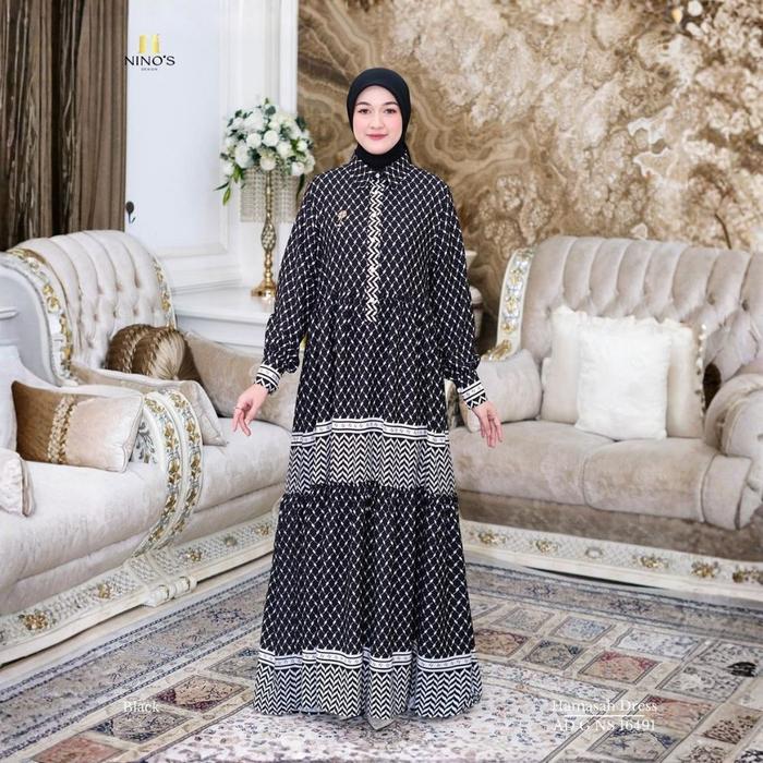 Ninos Design Hamasah Dress Muslim motif Ekslusif Gamis black